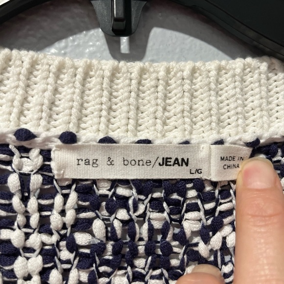 Rag & Bone Marley chuncky knit Cropped Crew Neck Navy blue/white Sweater Sz L - Picture 6 of 7